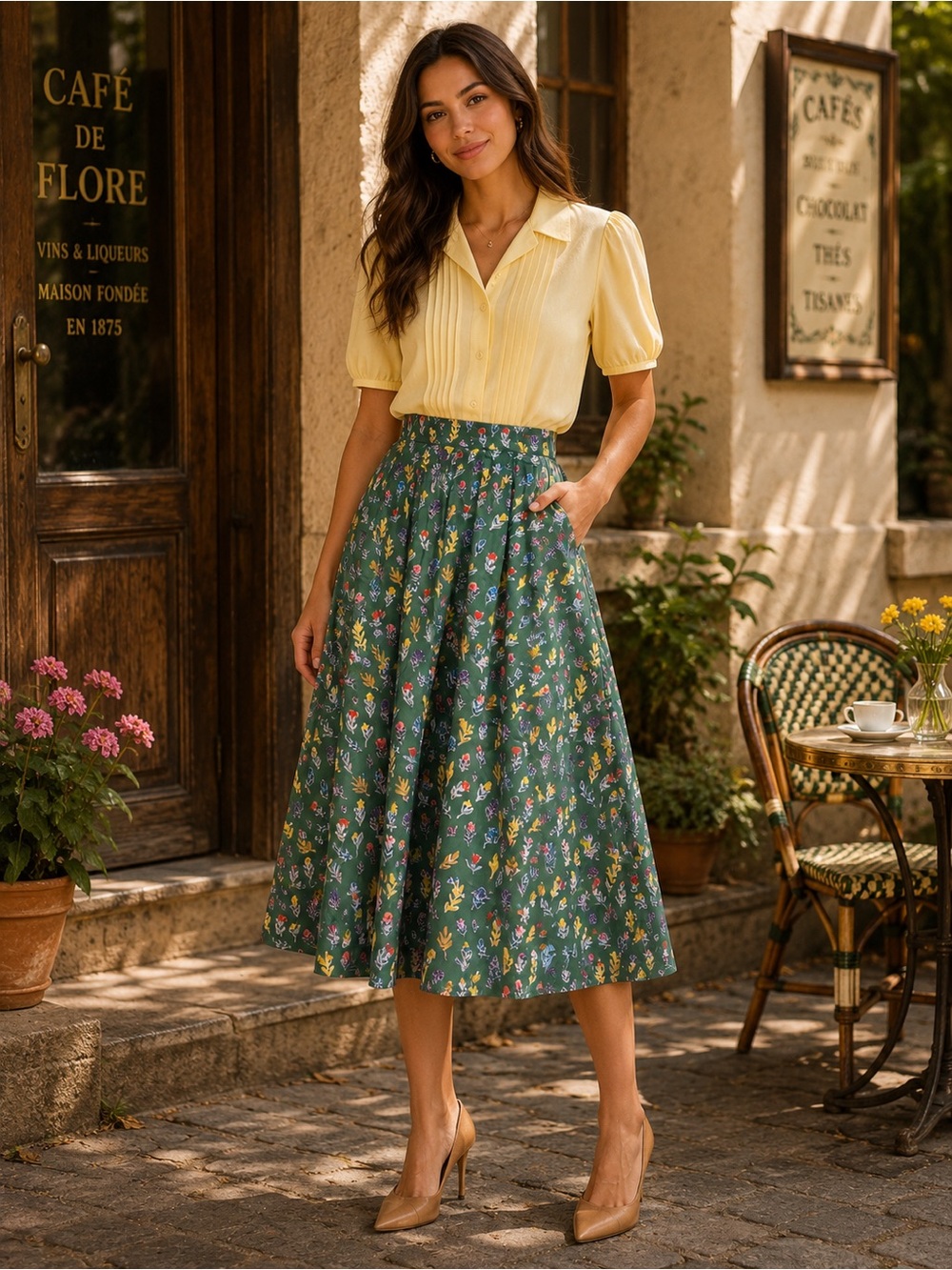 NWT Tulip B Vintage Inspired Green Floral Midi Skirt Elastic Waist Pockets